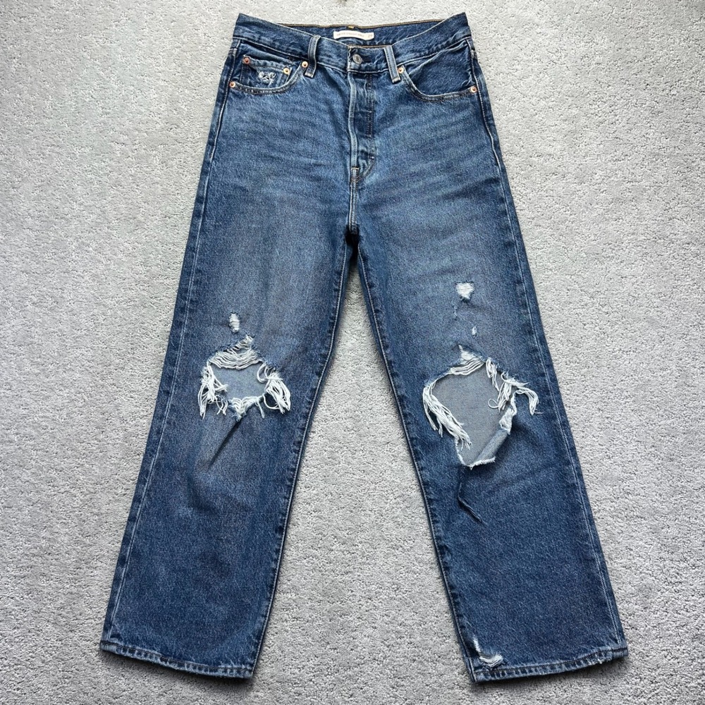 Levis Jeans Womens 29x27 (29x26.5) Blue Denim Distressed Ribcage Straight Ankle